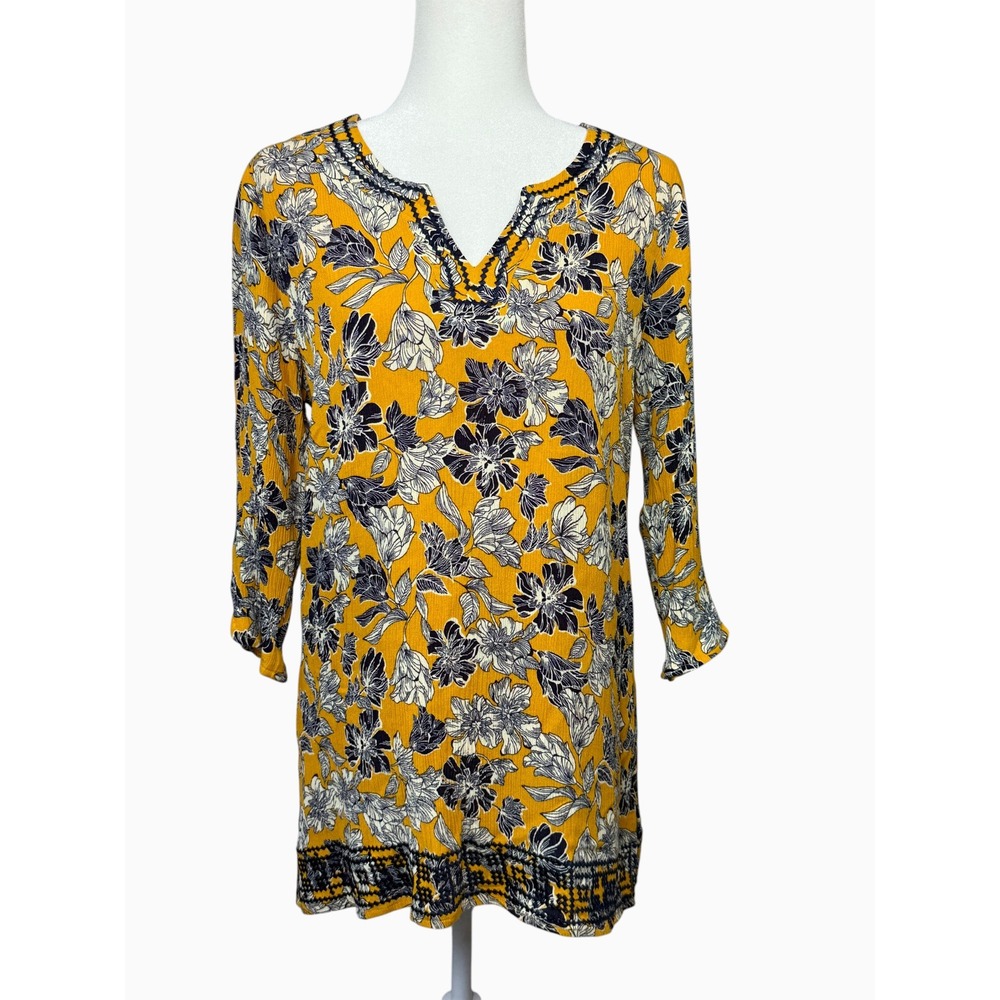 Magnolia Grace Womens M Mustard Yellow Floral Boho Tunic‎ Dress 3/4 Sleeve Rayon